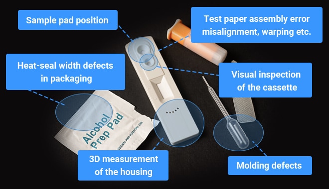 Sample pad position, Test paper assembly error misalignment, warping etc., Heat-seal width defects in packaging, Visual inspection of the cassette, 3D measurement of the housing, Molding defects