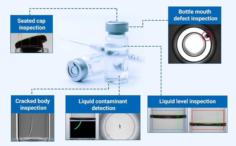 Bottle mouth defect inspection, Seated cap inspection, Cracked body inspection, Liquid level inspection, Liquid contaminant detection