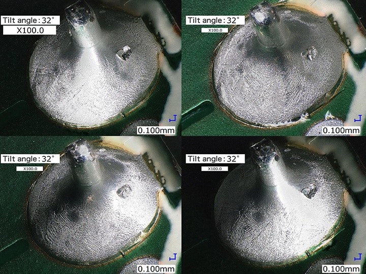 Tilted observation of a solder fillet and solder pad using multi-lighting (100x)